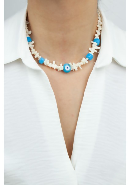 Nazar Boncuklu Beyaz Mercan Kolye