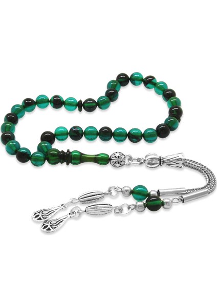 Kararmaz Metal Püsküllü Küre Kesim Bilek Boy Turkuaz Siyah Ateş Kehribar Tesbih