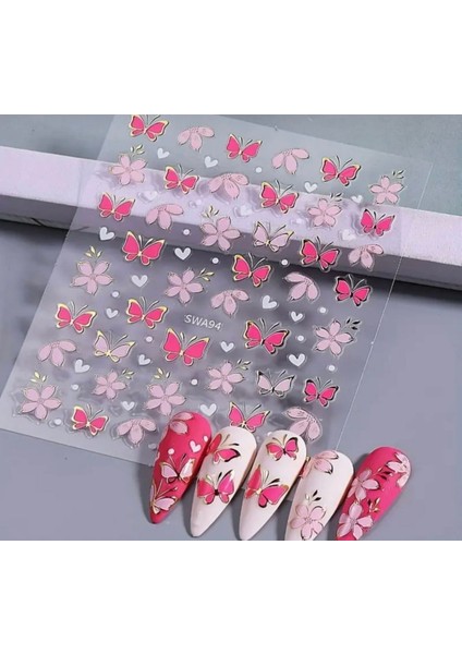 Pembe Kelebekli Çiçekli Tırnak Süsleme Stickerı Nail Art Süslemeleri