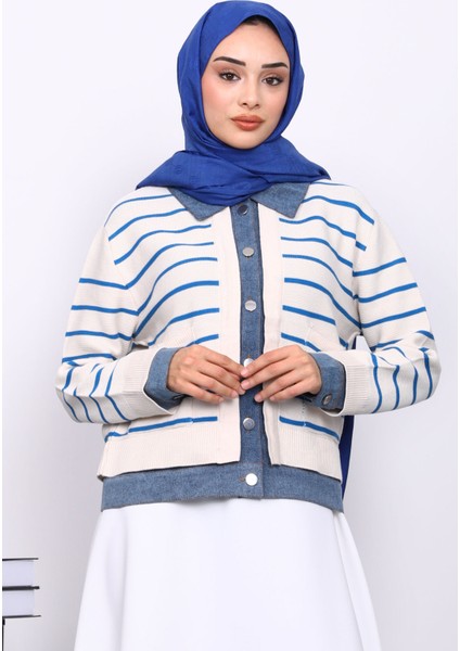 Ekru Düğmeli Kot Detaylı Triko Hırka