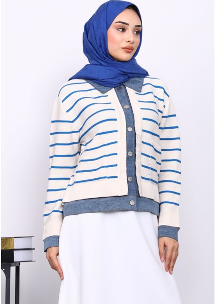 Ekru Düğmeli Kot Detaylı Triko Hırka modelleri