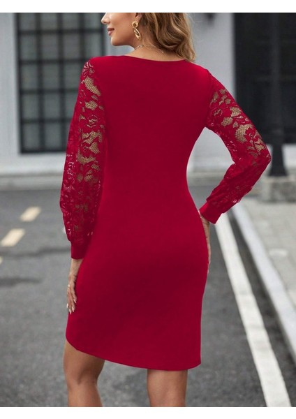 Kadın Uzun Kollu Kruvaze Yaka Beli Düğme Detay Krep Elbise modelleri