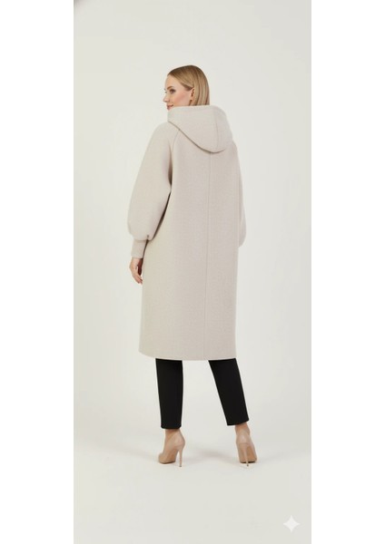 Kadın Gri Kapüşonlu Balon Kol Fermuarlı Kaban Oversize Midi Boy Kışlık Kaşe Mont fiyatları