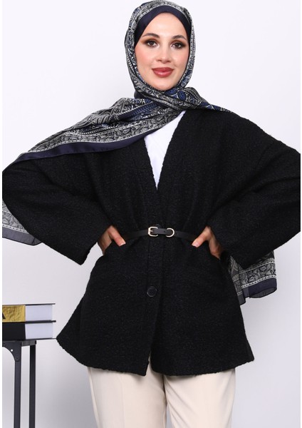 Siyah Kemerli Oversize Buklet Ceket