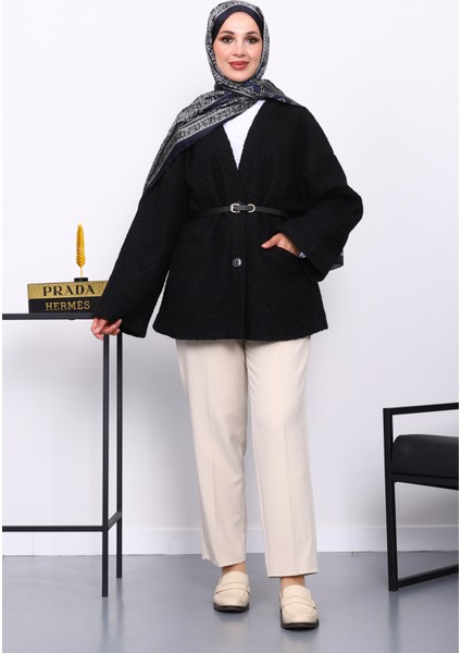 Siyah Kemerli Oversize Buklet Ceket fiyatları