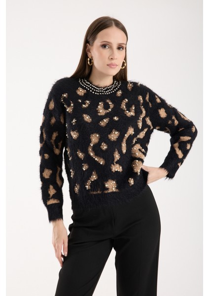 Kadın Siyah Sakal Iplik Taş ve Inci Detaylı Bisiklet Yaka Triko Kazak fiyatları