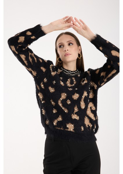 Kadın Siyah Sakal Iplik Taş ve Inci Detaylı Bisiklet Yaka Triko Kazak modelleri