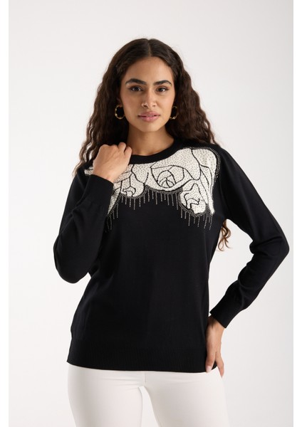 Kadın Siyah Elit Viskon Kumaş Taş Detaylı Bisiklet Yaka Triko Bluz