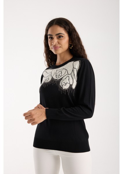 Kadın Siyah Elit Viskon Kumaş Taş Detaylı Bisiklet Yaka Triko Bluz fiyatları