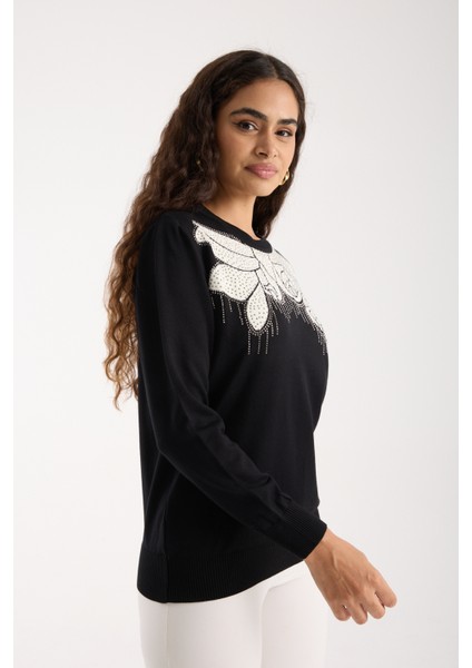 Kadın Siyah Elit Viskon Kumaş Taş Detaylı Bisiklet Yaka Triko Bluz modelleri