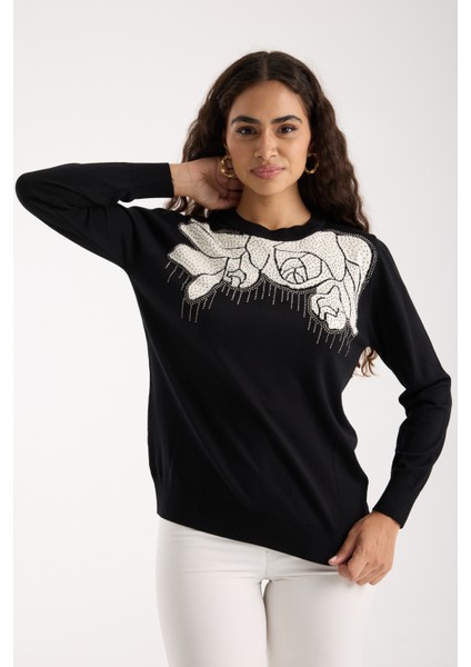 Kadın Siyah Elit Viskon Kumaş Taş Detaylı Bisiklet Yaka Triko Bluz fırsatları