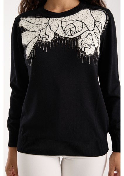 Kadın Siyah Elit Viskon Kumaş Taş Detaylı Bisiklet Yaka Triko Bluz indirimleri