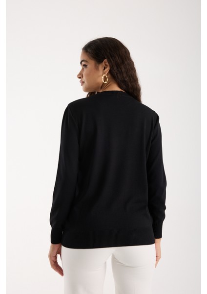 Kadın Siyah Elit Viskon Kumaş Taş Detaylı Bisiklet Yaka Triko Bluz