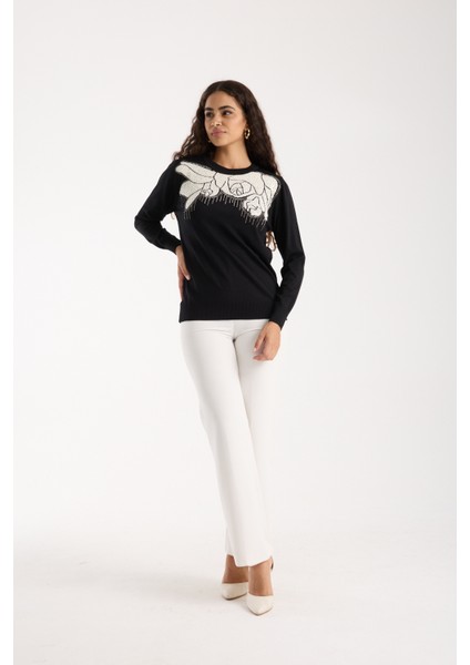 Kadın Siyah Elit Viskon Kumaş Taş Detaylı Bisiklet Yaka Triko Bluz