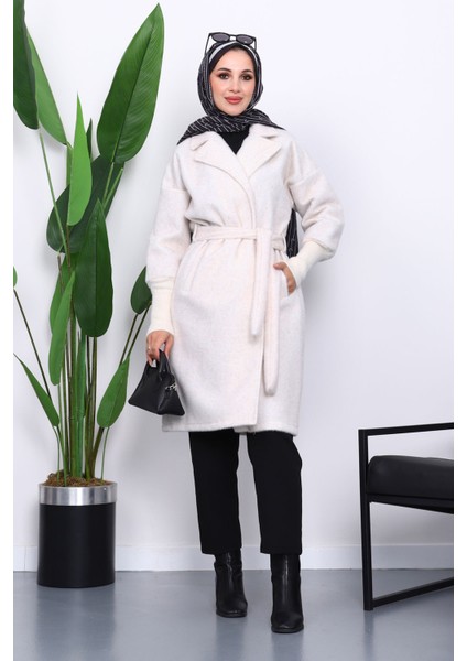 Ekru Bel Kuşaklı Çift Cepli Angora Kaban fiyatları