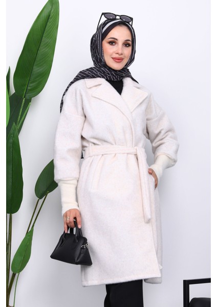 Ekru Bel Kuşaklı Çift Cepli Angora Kaban modelleri