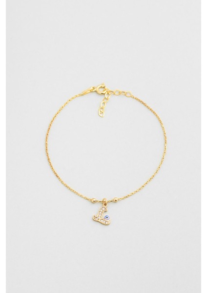 L Harfi 18 Ayar Sarı Altın Kaplama 19 cm Gümüş Nazar Bileklik