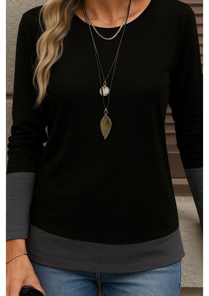 Kadın Uzun Kollu Açık Yuvarlak Yaka Blok Renkli Viskon Bluz fiyatları