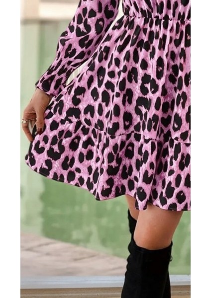 Kadın Uzun Kollu Yarı Balıkçı Yaka Leopar Desenli Modal Mini Elbise modelleri