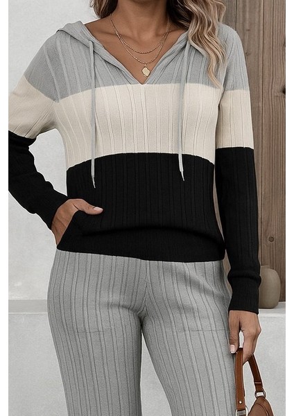 Kadın Uzun Kollu Kapşonlu Bağcıklı Blok Renkli Şardonlu Kaşkorse Bluz ve Pantolon Ikili Takım fiyatları