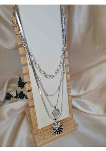 Gümüş Renk 4’lü Katmanlı Güneş ve Yıldız Uçlu Zincir Kolye – Paslanmaz Çelik, Kararma Yapmaz