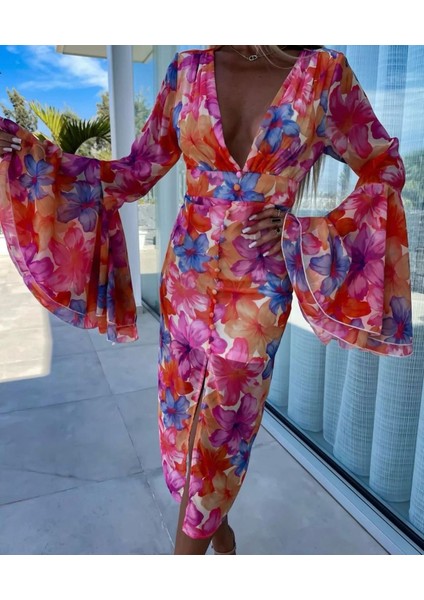 Kadın Göğüs Dekolteli Kolları Volan Detay Astarlı Tül Elbise