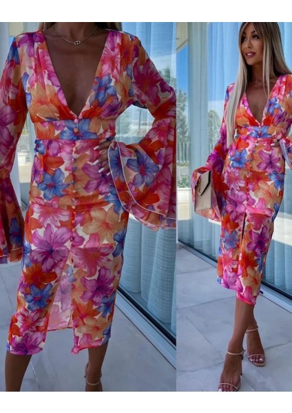 Kadın Göğüs Dekolteli Kolları Volan Detay Astarlı Tül Elbise fiyatları