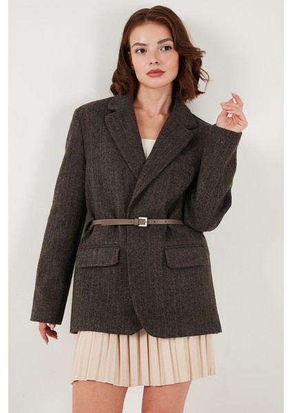 Çizgili Yün Karışımlı Oversize Fit Kruvaze Yaka Kemerli Ceket Bayan Ceket 6839634