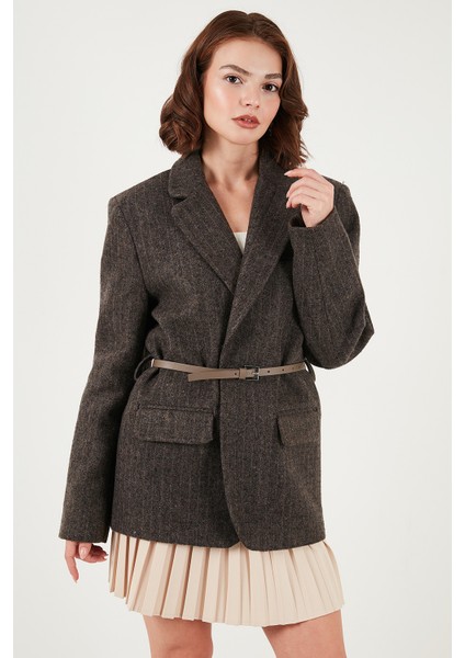 Çizgili Yün Karışımlı Oversize Fit Kruvaze Yaka Kemerli Ceket Bayan Ceket 6839634 modelleri
