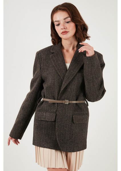 Çizgili Yün Karışımlı Oversize Fit Kruvaze Yaka Kemerli Ceket Bayan Ceket 6839634 indirimleri