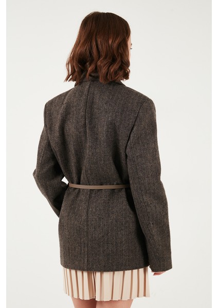 Çizgili Yün Karışımlı Oversize Fit Kruvaze Yaka Kemerli Ceket Bayan Ceket 6839634