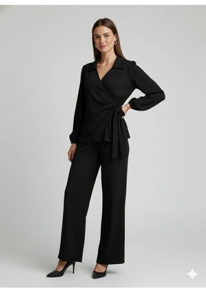 Kadın Kruvaze Bluz ve Geniş Paça Pantolon Ikili Takım Bürümcük Kumaş Şık Set