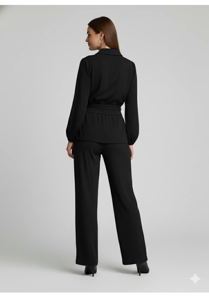 Kadın Kruvaze Bluz ve Geniş Paça Pantolon Ikili Takım Bürümcük Kumaş Şık Set fiyatları