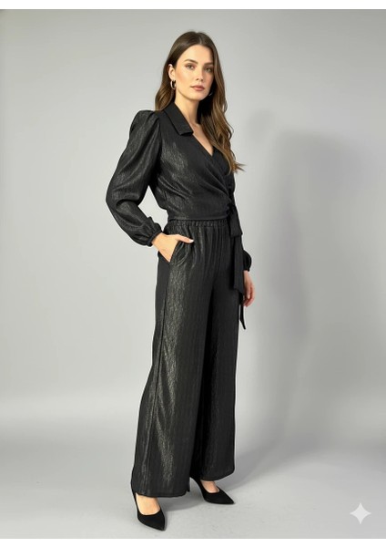 Kadın Kruvaze Bluz ve Geniş Paça Pantolon Ikili Takım Bürümcük Kumaş Şık Set modelleri