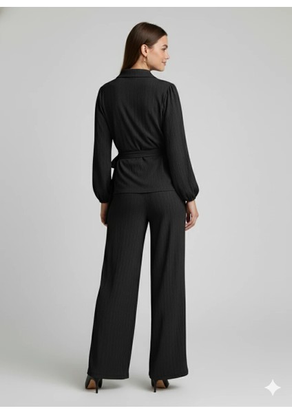 Kadın Kruvaze Bluz ve Geniş Paça Pantolon Ikili Takım Bürümcük Kumaş Şık Set fırsatları