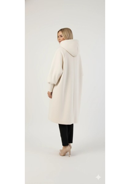 Kadın Gri Kapüşonlu Balon Kol Fermuarlı Kaban Oversize Midi Boy Kışlık Kaşe Mont fiyatları