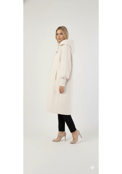 Kadın Gri Kapüşonlu Balon Kol Fermuarlı Kaban Oversize Midi Boy Kışlık Kaşe Mont modelleri