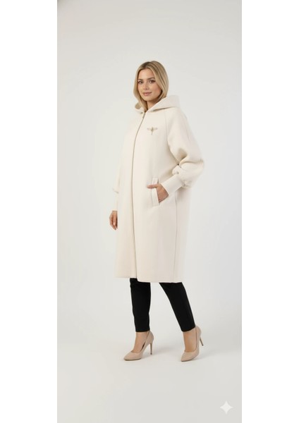 Kadın Gri Kapüşonlu Balon Kol Fermuarlı Kaban Oversize Midi Boy Kışlık Kaşe Mont fırsatları