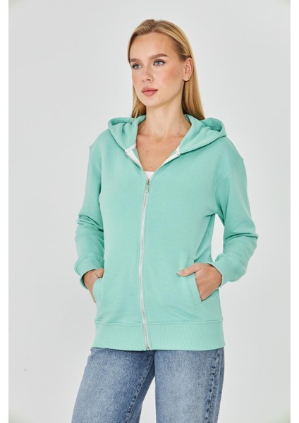 Kadın Tam Fermuarlı Kapüşonlu Pamuklu Eşofman Üstü Mint 9508-M