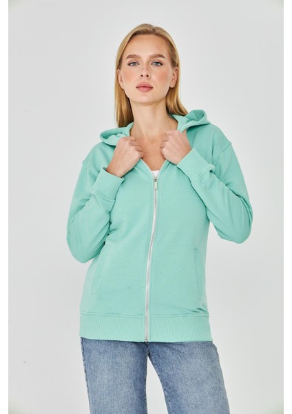 Kadın Tam Fermuarlı Kapüşonlu Pamuklu Eşofman Üstü Mint 9508-M fiyatları