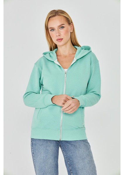 Kadın Tam Fermuarlı Kapüşonlu Pamuklu Eşofman Üstü Mint 9508-M modelleri
