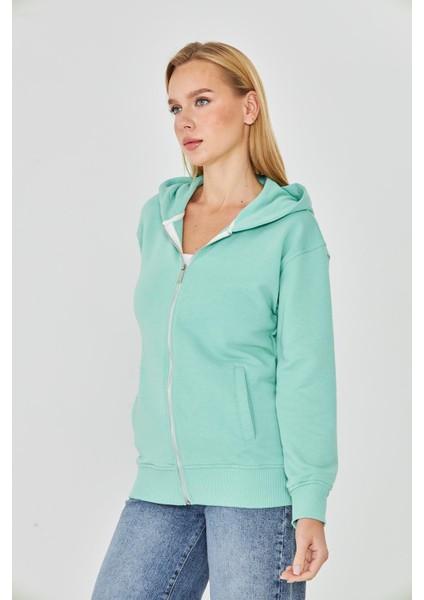 Kadın Tam Fermuarlı Kapüşonlu Pamuklu Eşofman Üstü Mint 9508-M fırsatları