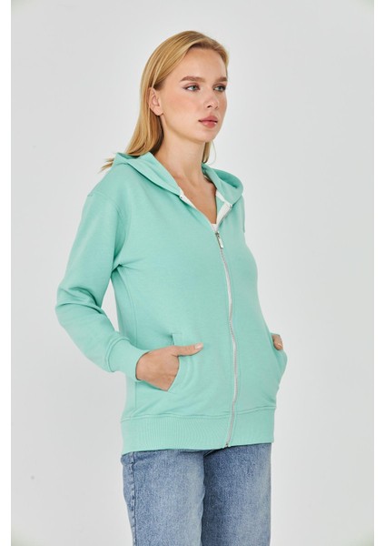 Kadın Tam Fermuarlı Kapüşonlu Pamuklu Eşofman Üstü Mint 9508-M indirimleri