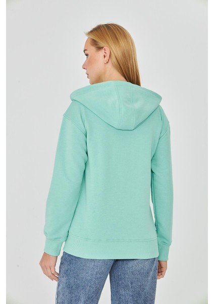 Kadın Tam Fermuarlı Kapüşonlu Pamuklu Eşofman Üstü Mint 9508-M