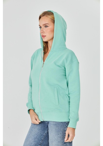 Kadın Tam Fermuarlı Kapüşonlu Pamuklu Eşofman Üstü Mint 9508-M