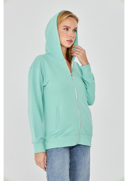 Kadın Tam Fermuarlı Kapüşonlu Pamuklu Eşofman Üstü Mint 9508-M