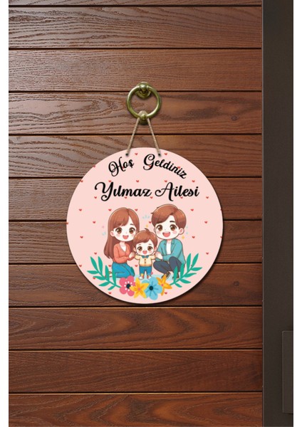 Kapı Süsü Pembe Kalpli .. Ailesi Ahşap Baskı Kişiye Özel Tasarım