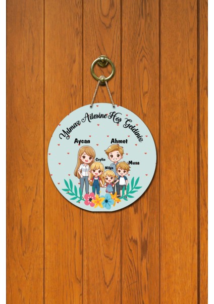 Kapı Süsü Geniş Aile Figürlü Hoş Geldiniz Yazılı Ahşap Baskı Kişiye Özel Tasarım fiyatları