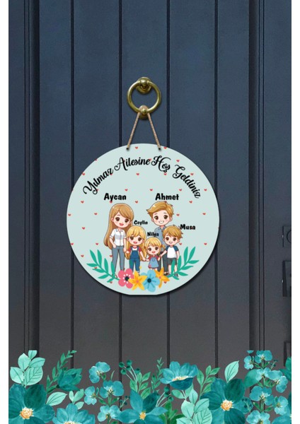 Kapı Süsü Geniş Aile Figürlü Hoş Geldiniz Yazılı Ahşap Baskı Kişiye Özel Tasarım modelleri