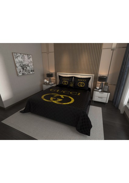 Çift Kişilik Pike Takımı Pamuklu Kumaş Jakar Dokuma Kapitone Dikişli 3D Dijital Baskılı 7 Parça-Lüks Duvet Cover Set Model.